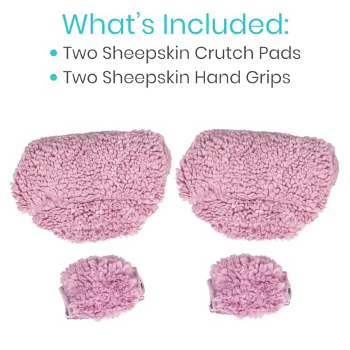Vive Sheepskin Crutch Pads & Hand Grips for Adults, Kids, Crutches, Armpits - Accessories Knee Scooter Foot Injuries Pillow for 5ft Medical 6 feet Youth Padding Arm Underarm Folding Walking Crutches