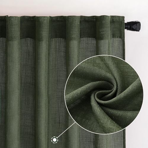 MIULEE Olive Green Linen Curtains 96 Inch Long for Bedroom Living Room, Soft Thick Linen Textured Window Drapes Semi Sheer Light Filtering Rod Pocket Back Tab Christmas Burlap Look, 2 Panels