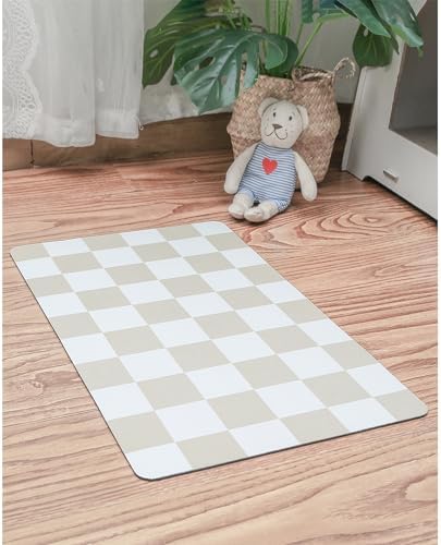 Ralxion Checkered Dog Feeding Mat, Absorbent Mats for Dog Food and Water Bowl, Dispenser, Retro Aesthetic Khaki Beige Checkerboard Pet Placemat for Dogs, Cats, Puppy Accessories, 12" X 19”