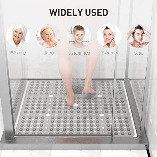 XIYUNTE Large Square Shower Mat - 27x27inch Non Slip Shower Mats for Shower Anti Slip for Elderly, Square Shower Stall Floor Mat with Powerful Suction Cup and Drain Holes, Machine Washable, Clear Grey