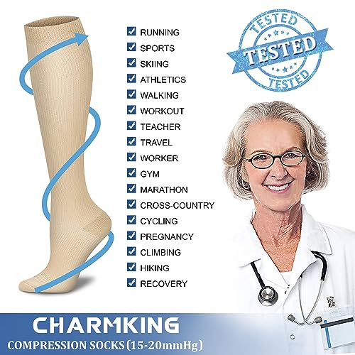 CHARMKING Compression Socks for Women & Men (8 Pairs) 15-20 mmHg Graduated Copper Support Socks are Best for Pregnant, Nurses - Boost Performance, Circulation, Knee High & Wide Calf (L/XL, Multi 52)