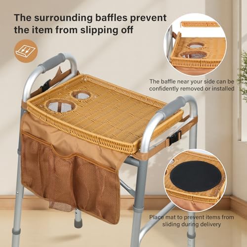 Walker Tray for Folding Walker, Handmade Rattan Trays for Walkers for Seniors Detachable with Cup Holder,Walker Trays for Rolling Folding Walker,Walker Accessories for Elderly