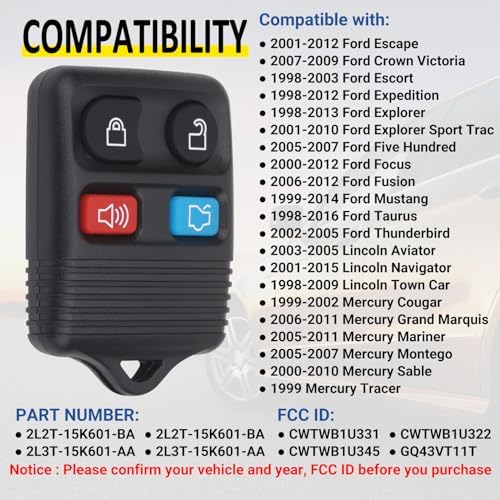 Keyless Entry Remote Key Fob Compatible with Ford Escape Explorer Expedition Focus Fusion Mustang Taurus, Lincoln, Mercury, Mazda, Replacement for CWTWB1U345, 4 Button (Pack of 2)