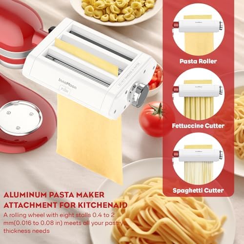 InnoMoon Pasta Attachment 3 in 1 Set for KitchenAid Stand Mixer Included Pasta Sheet Roller, Spaghetti Cutter, Fettuccine Cutter, Pasta Press Maker for Accessories, 8 Adjustable Thickness Knob