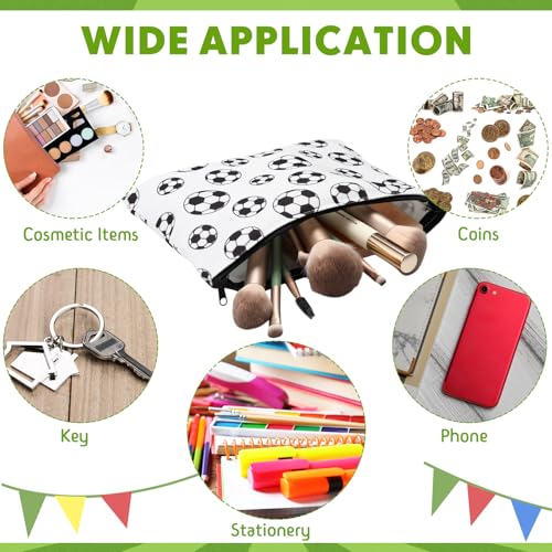 Eccliy 20 Pcs Soccer Makeup Bag Cosmetic Bag Canvas Gifts Sport Soccer Themed Accessories for Girls Toiletry Pouch with Zipper for Women Party Shopping Home Travel, 9 x 7 Inch