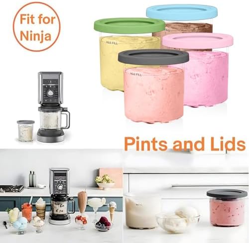 Containers Replacement for Ninja Creami Pints and Lids - 4 Pack, 16oz Cups Compatible with NC301 NC300 NC299AMZ Series Ice Cream Maker - Dishwasher Safe, Leak Proof Lids Pink/Mint/Grey/Blue