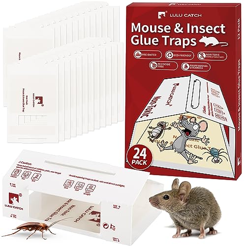 LULUCATCH Sticky Mouse Traps, 24 Pack Pre-baited Glue Traps, Foldable Bulk Non-Toxic Indoor Mouse Glue Boards for Insects, Snake, Lizard, & Spider, Pet Child Safe & Easy to Use Pest Control
