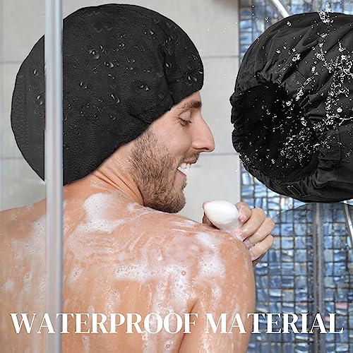 Shower Cap for Men Black Bath Cap, Reversible Terry Lined Large Waterproof Adjustable Shower Caps Elastic Band Stretch Hem Hair Hat for braids