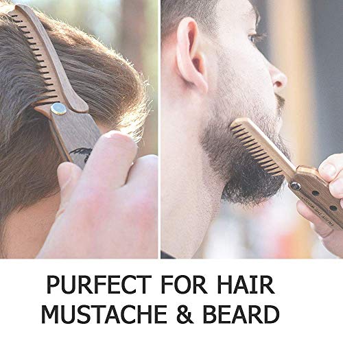 Enjoy The Wood Beard Comb for Men, Folding Pocket Beard Accessories for Men, Engraved Walnut Wooden Comb for Moustache, Beard & Hair - Perfect Gift For Him (Gift for Him (Skull)) (Model BM)
