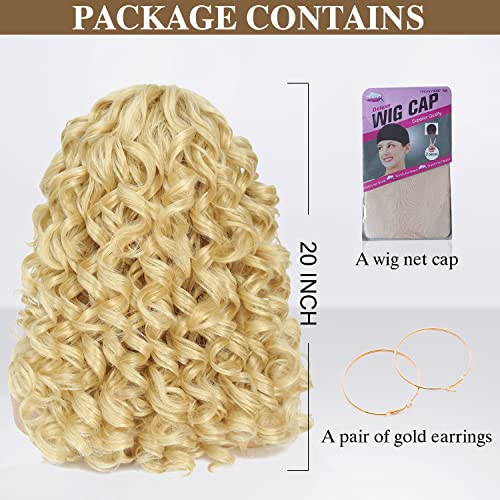GKtineke-Blonde-Curly-Wig Big-Curly-Wigs-for-White-Black-Women 20 Inch- Long-Curly-Afro-Wig-with-Bangs Synthetic-Hair-Replacement-Wigs-for- Cosplay and Daily (Blonde)