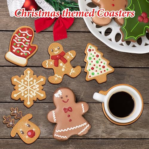 8 Pcs Christmas Gingerbread Man Diamond Coasters Kits with Holder DIY Diamond Art Coaster Non Slip Coaster for Adults Diamond Kits Supplies for Xmas Holiday Present