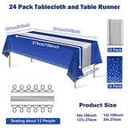 24Pack Disposable Plastic Tablecloths and Satin Table Runner Set Blue and Silver Dot Tablecloth Silver Satin Table Runner for Wedding Birthday Baby Shower Anniversary Christmas New Year Party Supplies