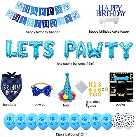Dog Birthday Party Supplies, Dog Birthday Decorations Boy, Lets Pawty Balloons Banner, Dog Birthday Bandana, Dog Birthday Boy Hat Scarfs