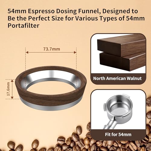 54mm Espresso Dosing Funnel for Breville Portafilters, Aluminum Magnetic Coffee Dosing Funnel Ring Compatible with Breville 54mm Portafilters,Espresso Accessories Tool(Walnut)