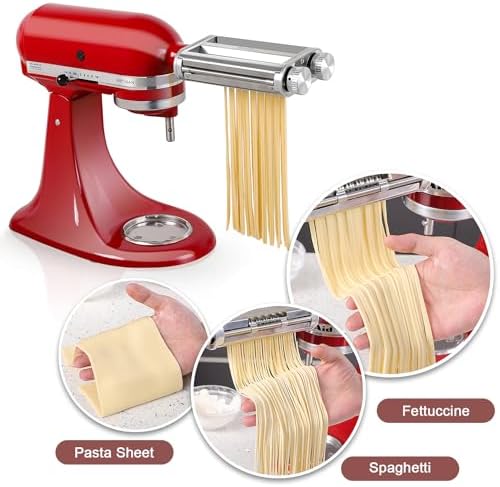 Pasta Maker for Kitchenaid Attachments, 3 in 1 Stainless Steel Pasta Attachment for Kitchenaid Stand Mixer, Included Pasta Roller, Spaghetti&Fettuccine Cutter, 1 Metal Knob Screw Replacement