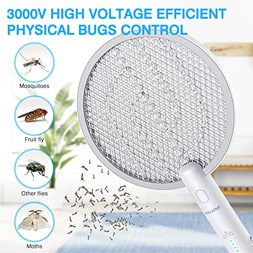 PALONE Electric Fly Swatter 3000V Bug Zapper Racket 2 in 1 Fly Swatter with 1200mAh Battery Rechargeable Mosquito Killer Lamp with 3 Layers Safety Mesh for Indoor and Outdoor