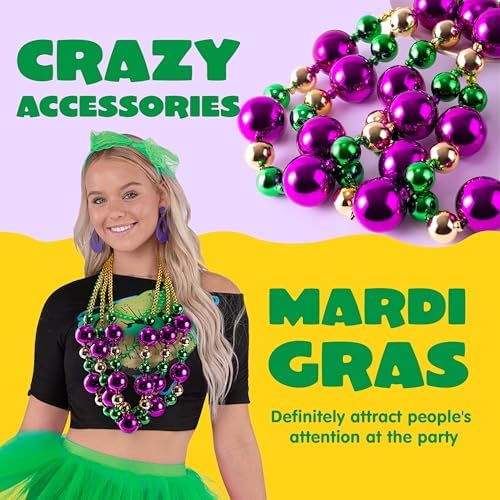 JOYIN 3 Pcs Mardi Gras Jumbo Bead Necklaces, 44'' Gold Green Purple Necklaces Beads for Mardi Gras Parade Decorations Party Favors Supplies, Costume Outfit Accessories