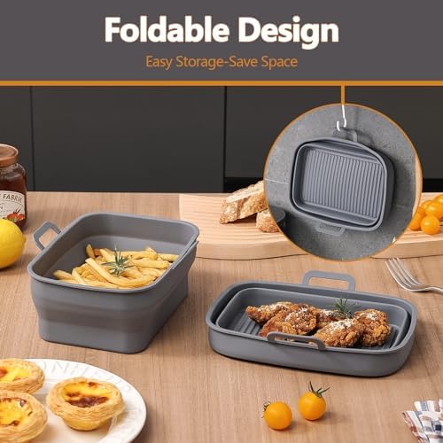 Collapsible 2-Pack Air Fryer Silicone Liners for 10QT NINJA Foodi Dual, Rectangular Air Fryer Silicone Pot, Reusable Silicone Air Fryer Basket for Air Fryer Accessories (Gray)