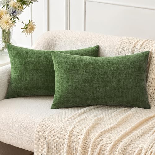 MIULEE Christmas Pack of 2 Couch Throw Pillow Covers 12x20Inch Soft Moss Green Spring Chenille Pillow Covers for Sofa Living Room Solid Dyed Pillow Cases