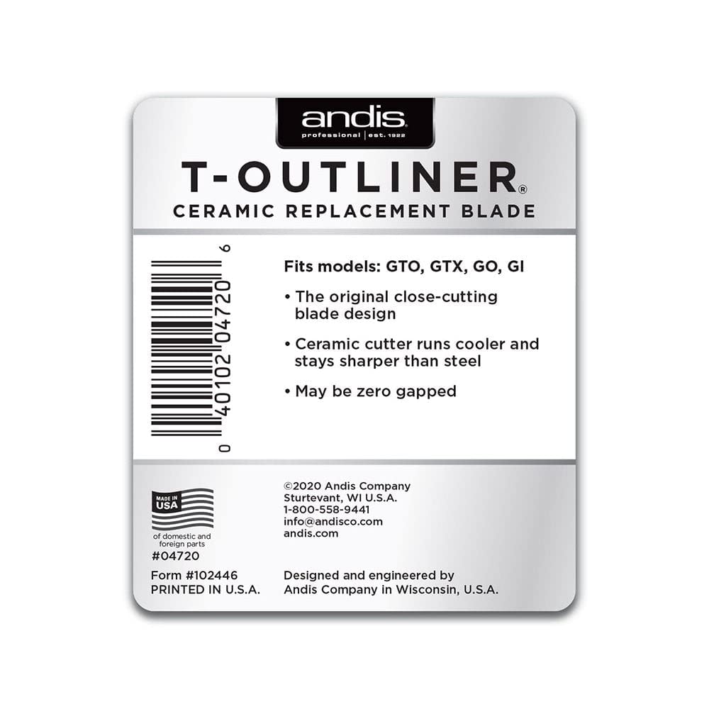 Andis 04720 T-Outliner Ceramic Replacement Blade for T-Outliner, GTO, GO, GTX, Close Cutting, Silver