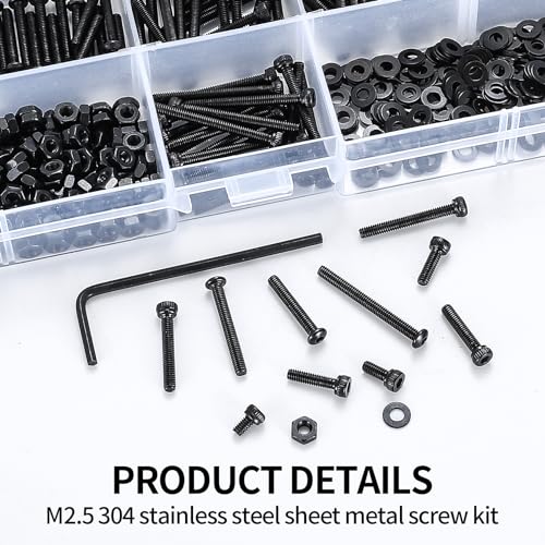 840 Pcs M2.5 Small Metric Screws with Nuts, Hex Socket Head Cap and Nut Assortment Kits, Carbon Steel Replacement Machine Fastener Screws and Bolts Nuts (M2.5 840 Black)