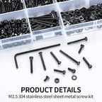 840 Pcs M2.5 Small Metric Screws with Nuts, Hex Socket Head Cap and Nut Assortment Kits, Carbon Steel Replacement Machine Fastener Screws and Bolts Nuts (M2.5 840 Black)