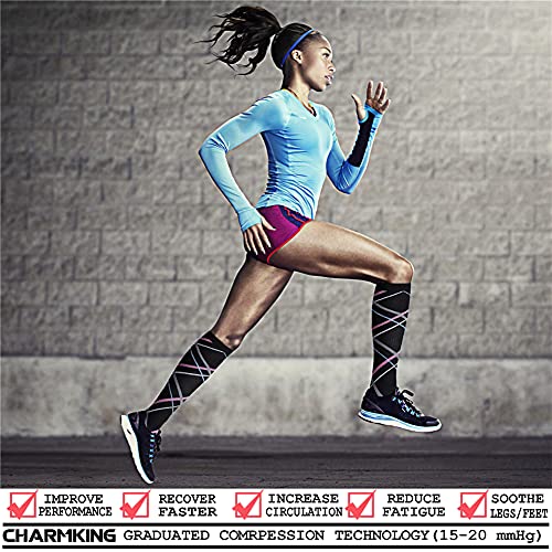 CHARMKING Compression Socks for Women & Men (8 Pairs) 15-20 mmHg Graduated Copper Support Socks are Best for Pregnant, Nurses - Boost Performance, Circulation, Knee High & Wide Calf (L/XL, Multi 20)