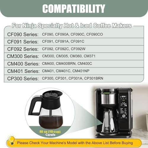 10-Cup Glass Carafe Replacement Compatible with Ninja CM401 CM371 CP301 Specialty Hot & Iced Coffee Makers, Replacement 50 oz Coffee Pot with Brew-Through Lid for Ninja CM300 CM400 CP300 CF091