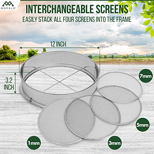 MOPALO 12" Soil Sieve Set with 4 Interchangeable Mesh Screens 1mm, 3mm, 5mm, 7mm - Stainless Steel Metal Riddle Garden Sifter for Rocks, Seeds, Dirt, Compost and Potting Soil
