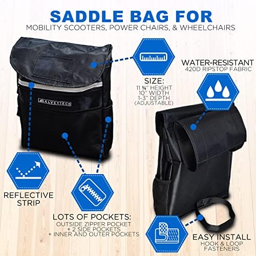 AlveyTech Water-Resistant Saddle Bag (Large, Black) - For Mobility Scooters, Wheelchairs, & Power Chairs - Lightweight & Easy to Install - Storage Organizer - Electric Wheelchair Accessories Adults