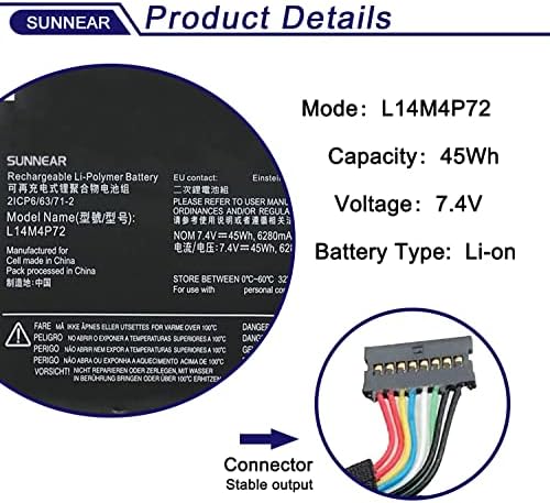 L14M4P72 45Wh Laptop Battery Replacement for Lenovo Yoga 3-1470 Yoga 700-14ISK Series Notebook L14S4P72 5B10G84689 5B10K10226 5B10G75095 5B10K10224 7.4V 6280mAh