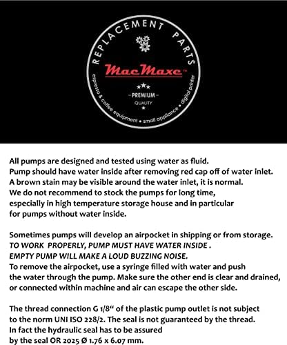 MacMaxe ULKA Model E Type EP5FM - Replacement Pump Compatible with Breville Espresso Machine - Solenoid Vibratory Water Pump with 2 O-Ring Seals - 15 Bar Max Pressure, 2/1 Min. On/Off, 120V, 60Hz, 46W