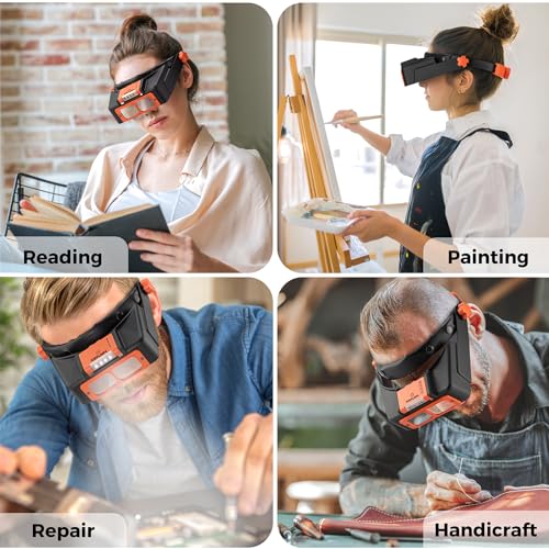 Headband Magnifier with Light, Rechargeable Magnifying Glasses for Close Work, 1.5X - 3.5X Magnifying Headset with 4 Lenses, Jewelers Magnifying Glass Optivisor Loupe Visor for Reading,Crafts,Hobby
