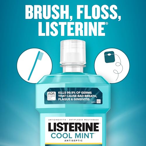 Listerine Cool Mint Antiseptic Mouthwash, Daily Oral Rinse Kills 99% of Germs That Cause Bad Breath, Plaque and Gingivitis for a Fresher, Cleaner Mouth, Cool Mint Flavor, 1.0 L, Pack of 2