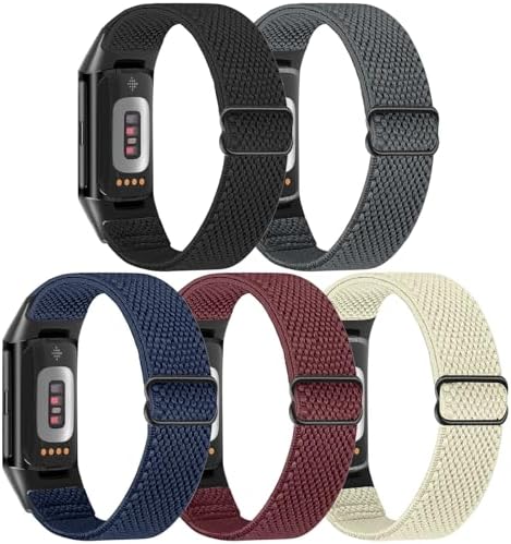5 Pack Elastic Nylon Watch Bands Compatible for Fitbit Charge 6/Fitbit Charge 5, Adjustable Breathable Replacement Stretchy Nylon Loop Wristband Sport Strap for Women Men