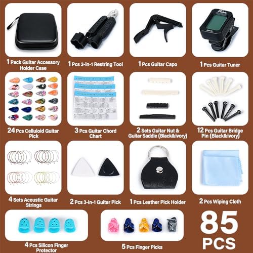 85PCS Guitar Accessories Kit Holder Case Include Acoustic Strings, Tuner, Capo, 3-in-1 Restring Tool, Picks, Pick Holder, Bridge Pins, Nuts & Saddles, Finger Protector, Chord Chart