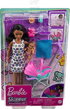 Barbie Skipper Babysitters Inc Playset with Brunette Doll, Stroller, Baby Doll & 5 Accessories, Remove Stroller Seat for Carrier