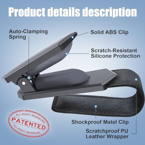 One-Handed-Operation Sunglasses Holder for Car, Visor Sunglass Holder Clip, Car Accessories Interior, Universal Fit Silicone Padded Visor Sunglass Holder Car, Unmatched Durability