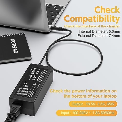 65W Laptop Charger for HP 2000 2000-2B19WM, 2000-2D19WM, 2000-2C29WM, 2000-2D49WM; Power Adapter Replacement for HP Pavilion DV7 DV6 G6 G7 DV5 DV4 DM4 G62 G72 Power Supply Cord (18.5V, 3.5A)