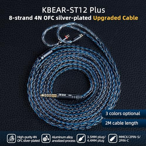 2M Long Recessed 2Pin IEM Cable, in Ear Monitor Replacement Earphone Cable, KBEAR ST12 Plus 8 Core 4N OFC Silver-plated HiFi Headphone Wire for KZ ZS10 PRO/ZSN PRO X/CCA CRA Earbuds (Dark, QDC 3.5MM)