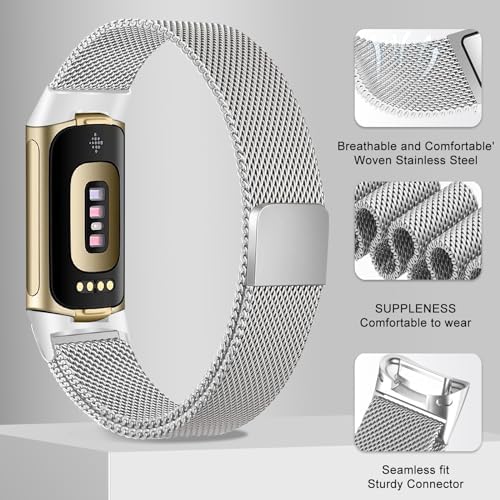 surundo Compatible with Fitbit Charge 6/Charge 5 Bands for Wmen Men, Metal Mesh Milanese Loop Adjustable Strap Replacement for Fitbit Charge 6/Charge 5 Advanced Fitness & Health Trackers