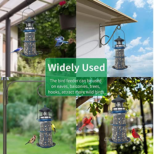 wtreew Solar Lighthouse Bird Feeder with Rotating Beacon - 14" Hanging Mesh Wild Bird Feeders for Eaves, Balcony, Trees, Hooks, Best Bird Feeder Gifts for Bird Lovers,Women,Kids,Elderly(Space Blue)