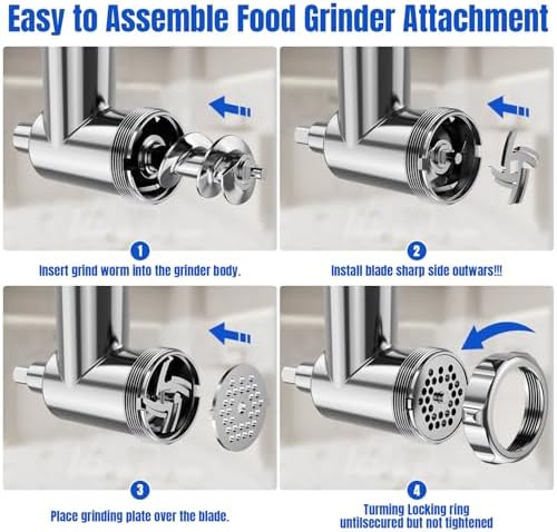 Metal Food Grinder Attachments for KitchenAid Stand Mixers, Meat Grinder, Sausage Stuffer, Perfect Mixer Attachment for KitchenAid Mixers, 15pcs Meat Grinder Accessories Set, Silver