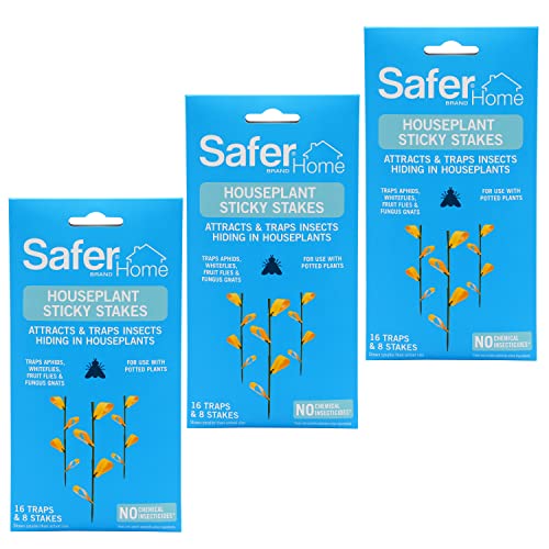 Safer Home SH5026-3SR Houseplant Sticky Stake Insect Traps for Indoor Plants - 48 Traps Included - Controls Aphids, Whiteflies, Fruit Flies, Fungus Gnats, and Other Insects