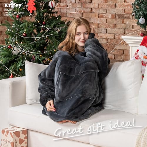 Krifey Wearable Blanket Hoodie, Oversized Sherpa Hooded as Birthday Gifts Christmas Gifts for Mom Women Girlfriend Men, Cozy Sweatshirt with Giant Pocket