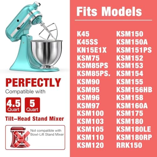 4.5-5QT Stainless Steel Flat Beater for KitchenAid Stand Mixer, Kitchen Aid Paddle Attachment Accessories/No coating/Dishwasher Safe Replacement for K45 KN15E1X KSM75 and Other Models