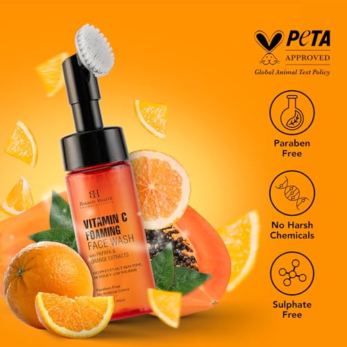 Botanic Hearth Vitamin C Foaming Face Wash with Papaya & Orange | Extracts Built-In Silicone Brush | For Cleansing & Glowing Skin | Paraben & Sulphate Free | Face Cleanser for Women & Men | 5.1 fl oz