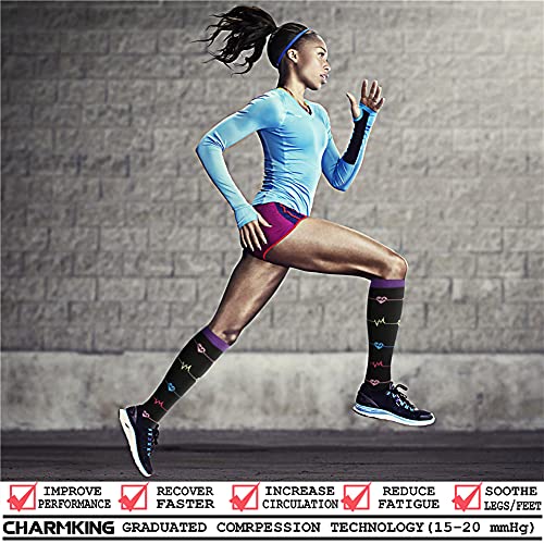 CHARMKING Compression Socks for Women & Men (8 Pairs) 15-20 mmHg Graduated Copper Support Socks are Best for Pregnant, Nurses - Boost Performance, Circulation, Knee High & Wide Calf (S/M, Multi 06)