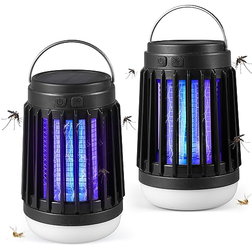 2pack Solar Bug Zapper Light Bulb,3 in 1 Mosquitoes Killer USB Rechargeable Camping Light Flashlight,IPX6 Waterproof Portable Light Bulb Zapper for Doorway,Corridor,Balcony,Patio (Black)