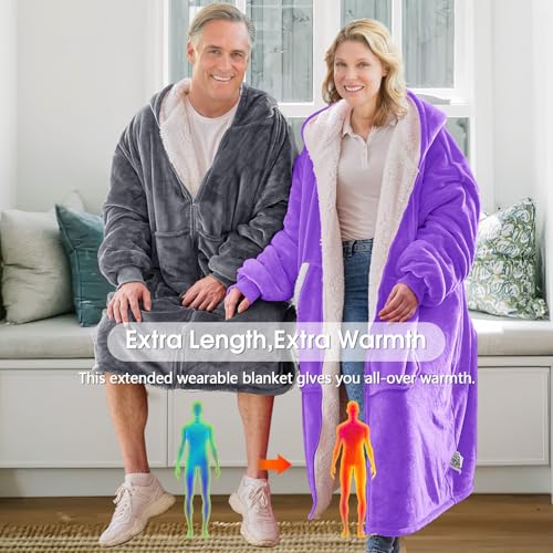 JOYWOO Wearable Blanket Hoodie, Birthday Christmas Gifts for Women Men Mom, Oversized Hooded Blanket for Adult, Cozy Fuzzy Sherpa Sweatshirt Blanket with Giant Pocket Zipper and Winter Gifts, Grey
